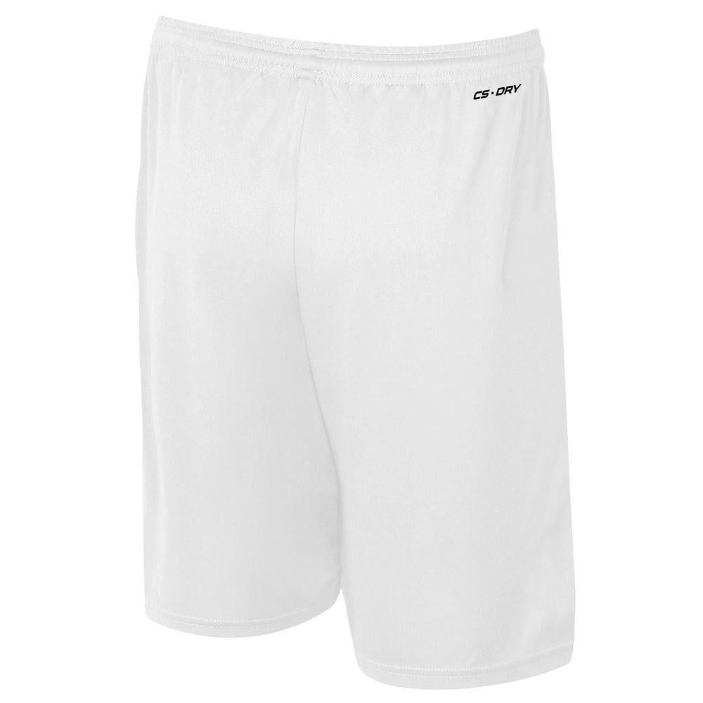 White sports shorts with blue and red logos.