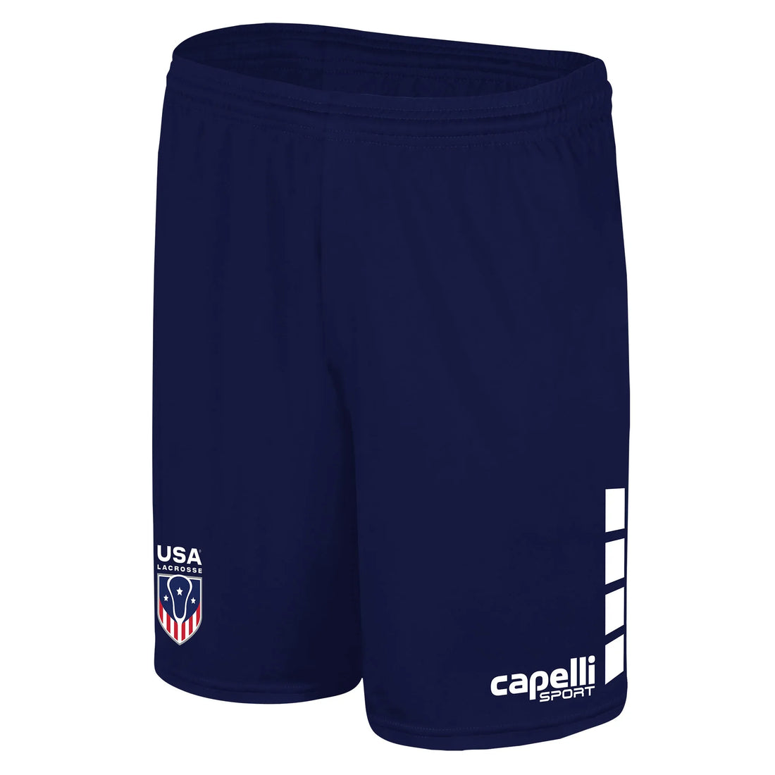 Navy blue sports shorts with logo and white accents.