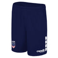 Navy blue sports shorts with logo and white accents.