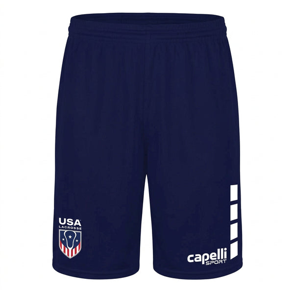 Navy performance shorts with a USA Lacrosse shield and 4-cube side design
