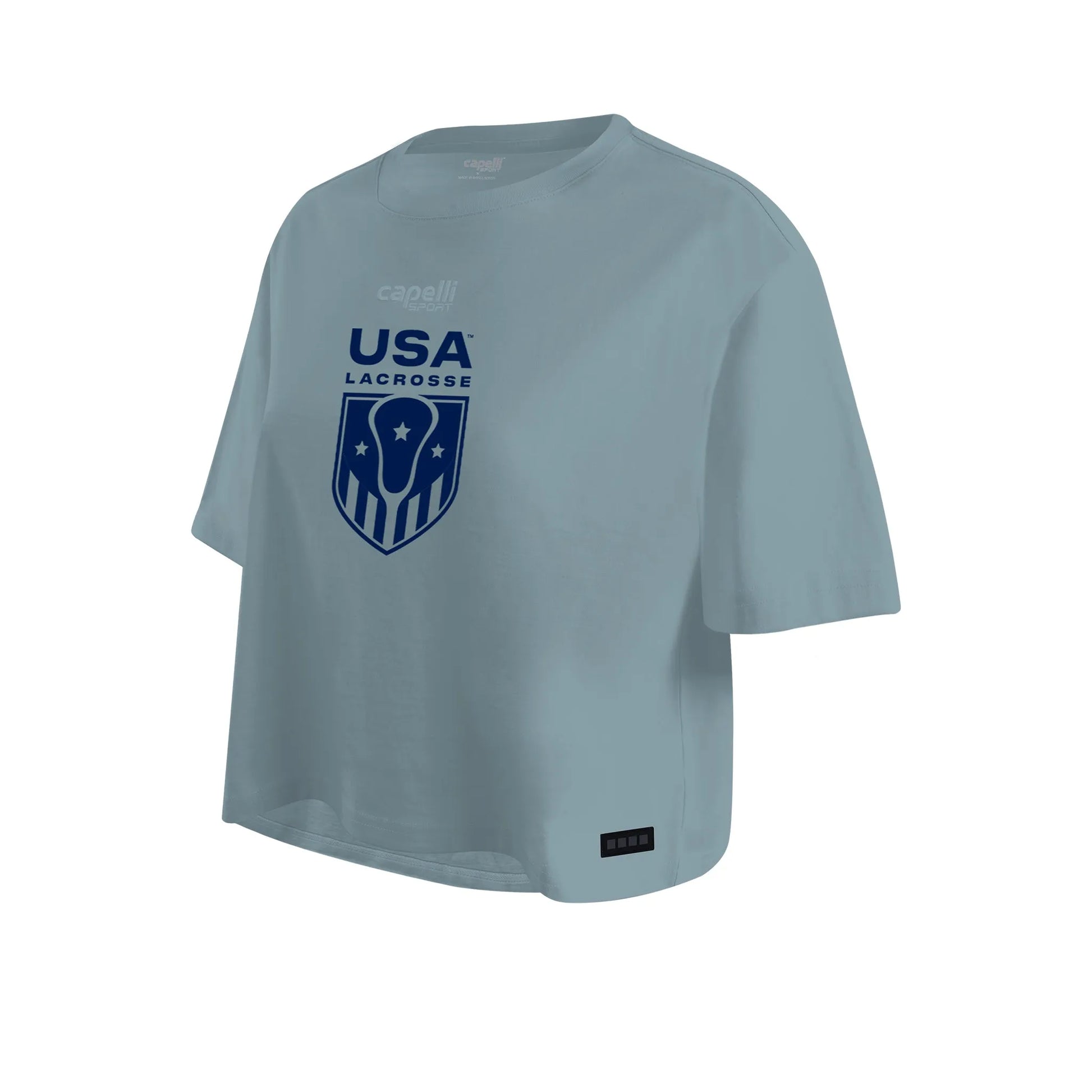 Gray USA Lacrosse jersey with blue logo on front.