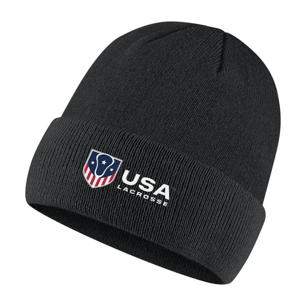 Black Nike cuffed beanie with a USA Lacrosse shield logo on the cuff
