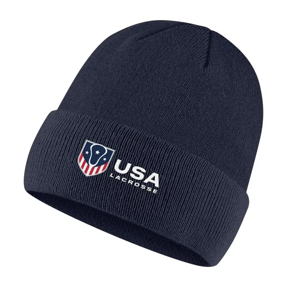 Black Nike cuffed beanie with a USA Lacrosse shield logo on the cuff