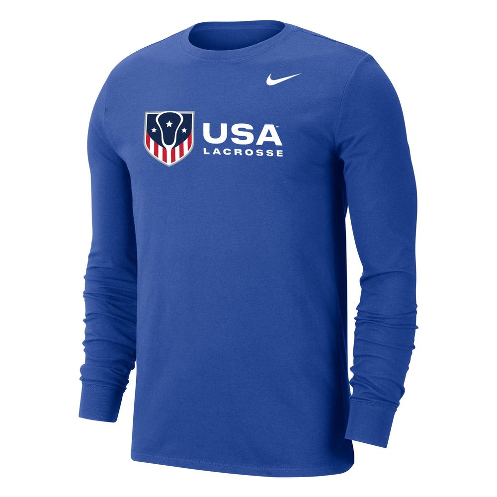 Blue long-sleeve shirt with USA Lacrosse logo and Nike swoosh.