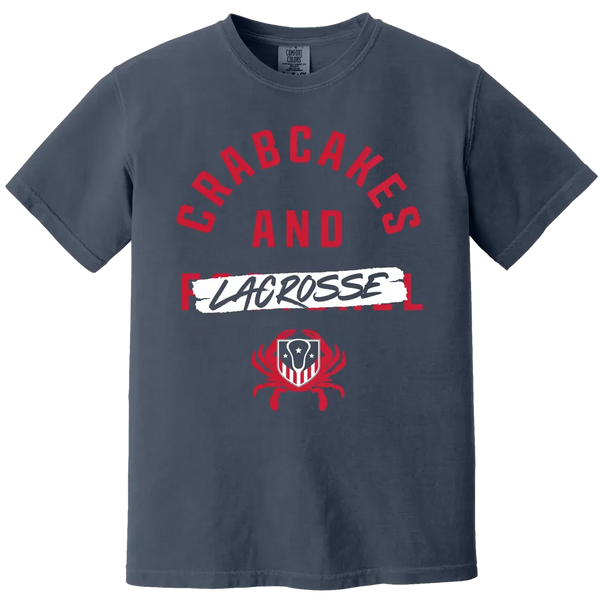 Navy tee with red Crabcakes and Lacrosse lettering and a USA Lacrosse shield with crab claws