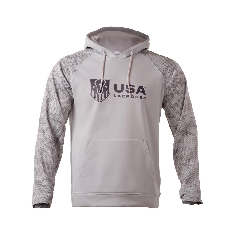 Black hoodie with USA Lacrosse logo and camo sleeves.