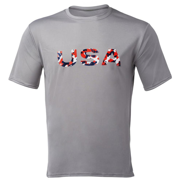 Gray T-shirt with "USA" in red, white, and blue camouflage pattern.