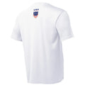 White T-shirt with a small logo on the back near the collar.