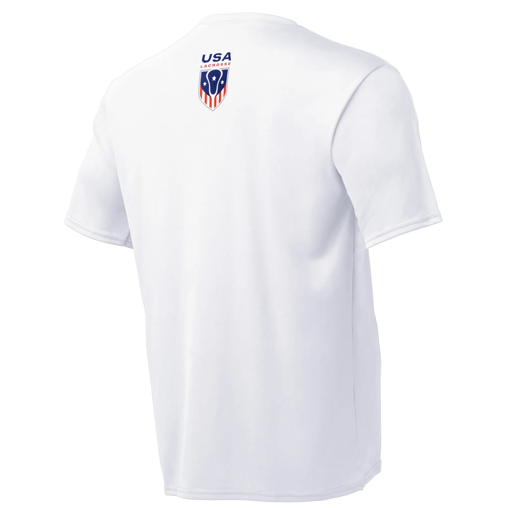 White T-shirt with a small logo on the back near the collar.