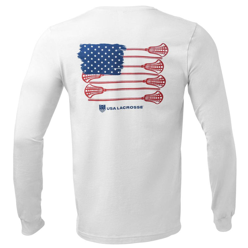 White long-sleeve shirt with American flag design on the back.