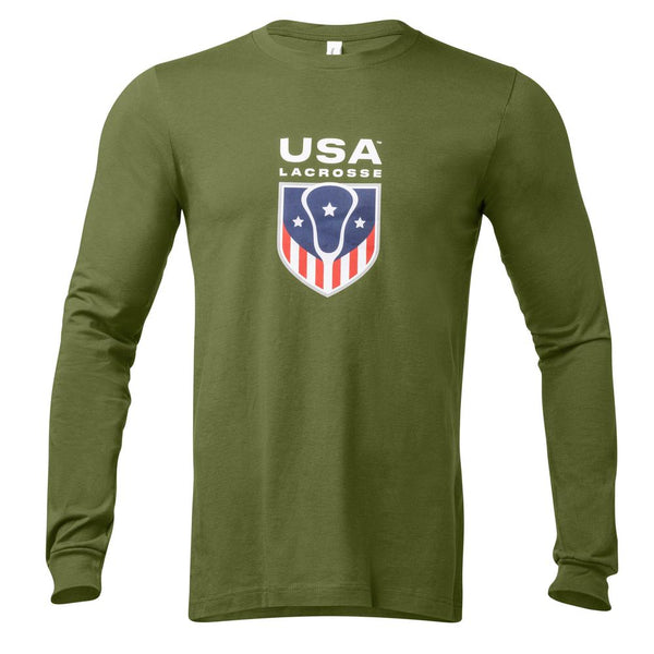 Green long-sleeve shirt with USA Lacrosse logo on front.