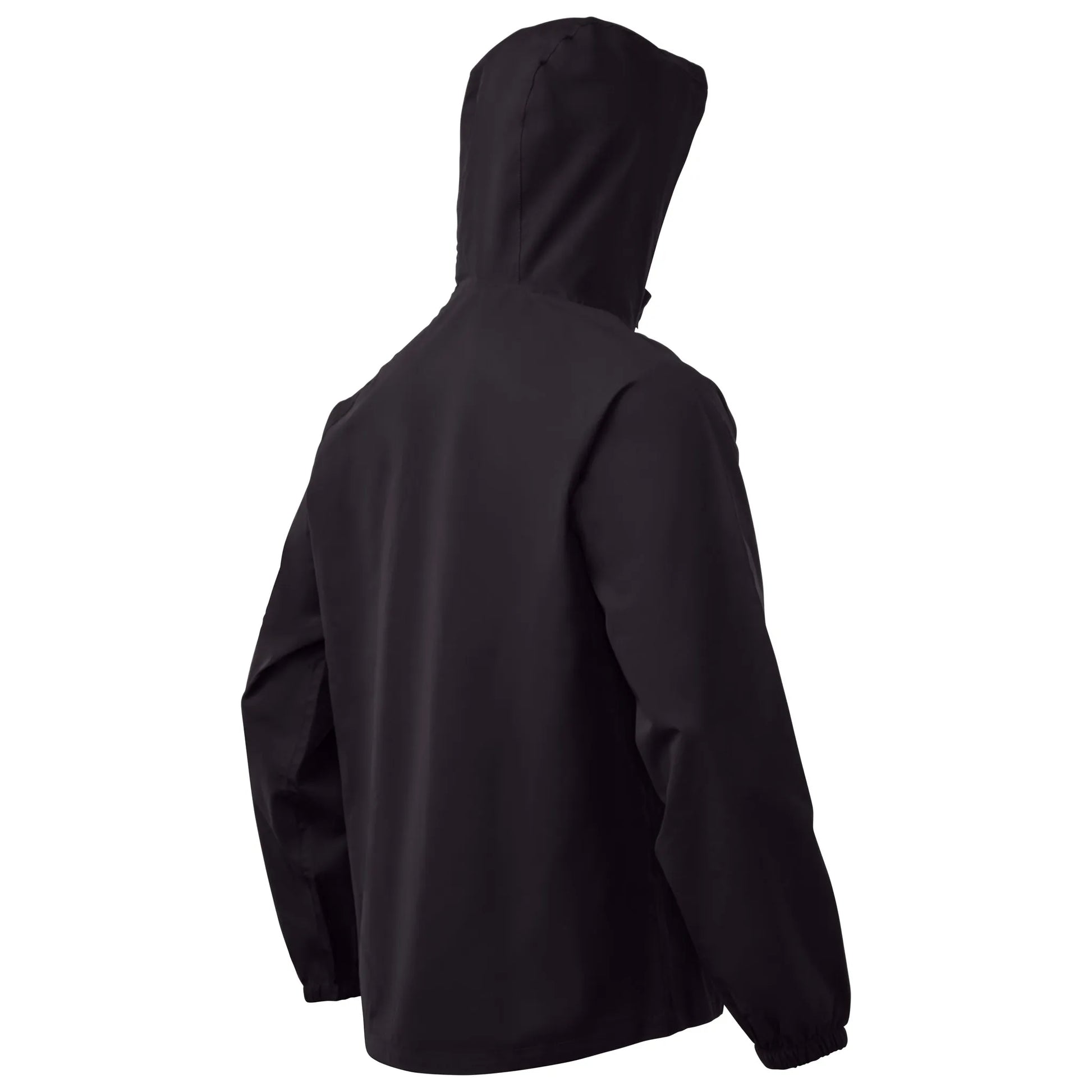 Black hooded jacket viewed from the back.