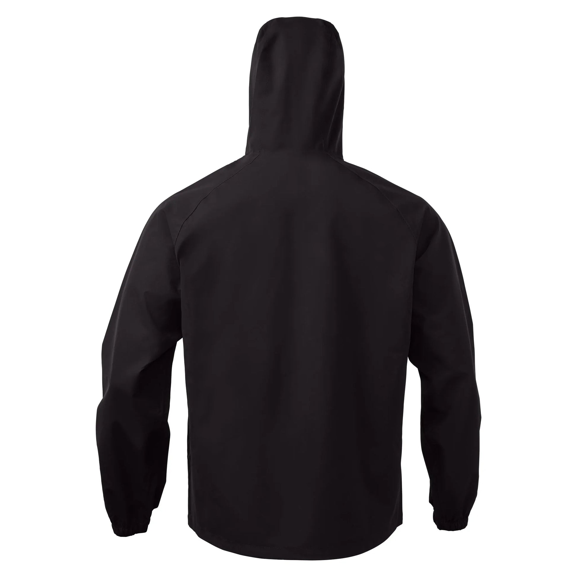 Black hooded jacket, back view, with long sleeves and a simple design.