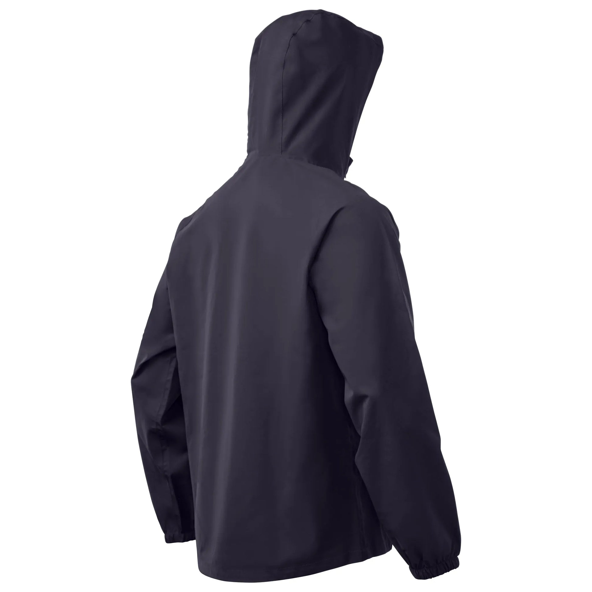 Black hooded jacket viewed from the back.