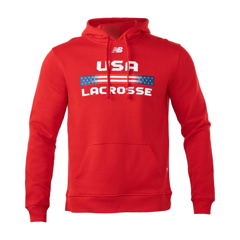 Red hoodie with USA Lacrosse and American flag design.