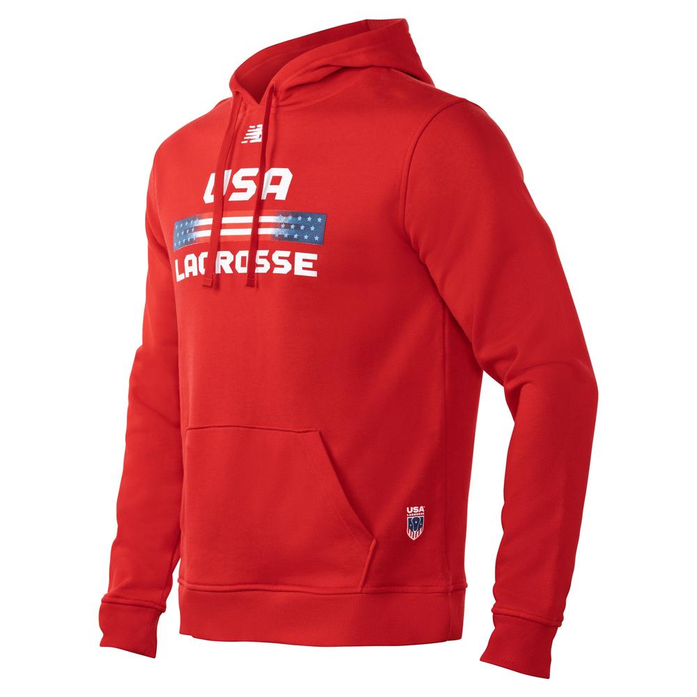 Red hoodie with USA Lacrosse and American flag design.