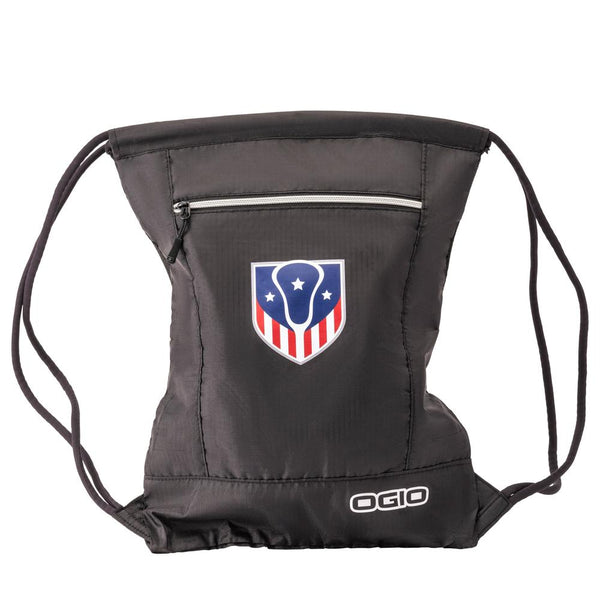 Black drawstring bag with a logo and front zipper pocket.