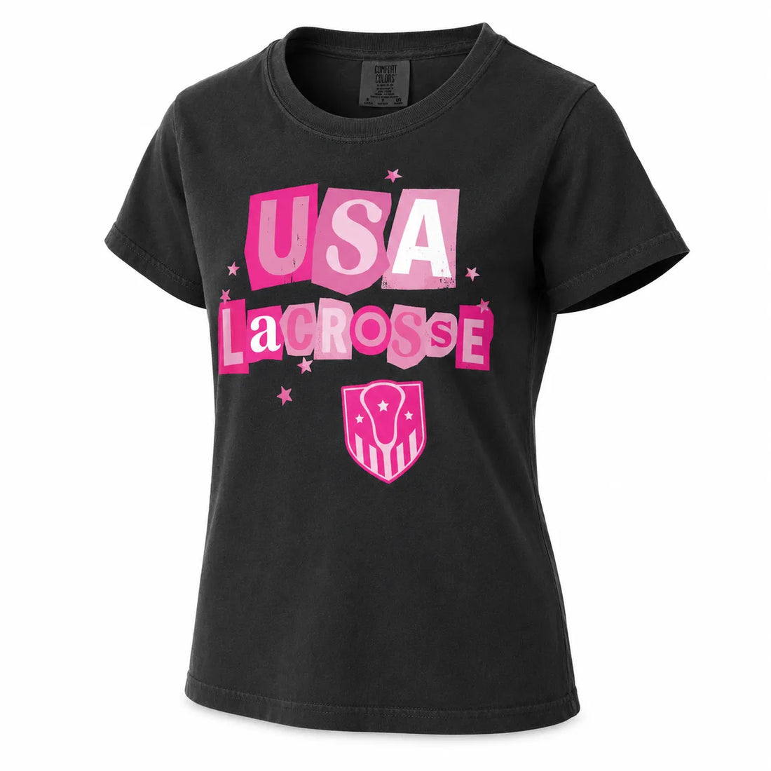 Black youth tee with pink collage-style USA Lacrosse lettering, small stars and a pink USA Lacrosse shield