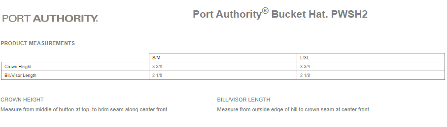 Port Authority bucket hat size chart with measurements for S/M and L/XL.