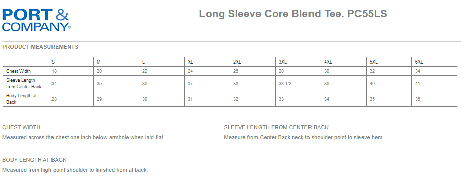 Port & Company size chart for long sleeve core blend tee, PC55LS.