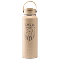 Beige water bottle with USA Lacrosse logo and handle.