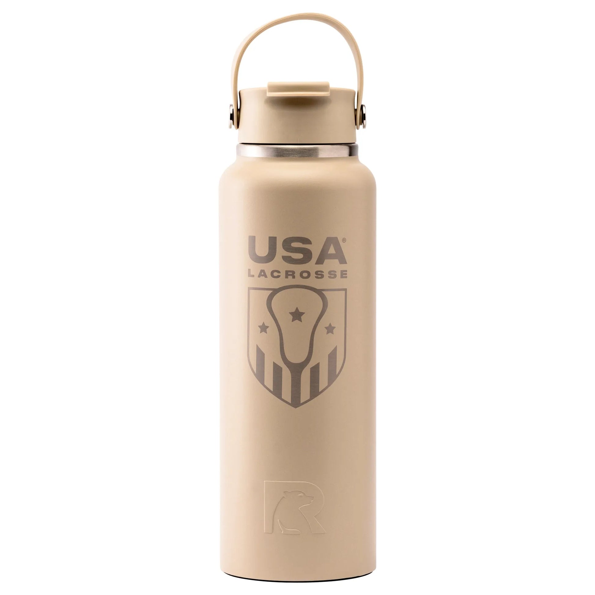 Beige water bottle with USA Lacrosse logo and handle.