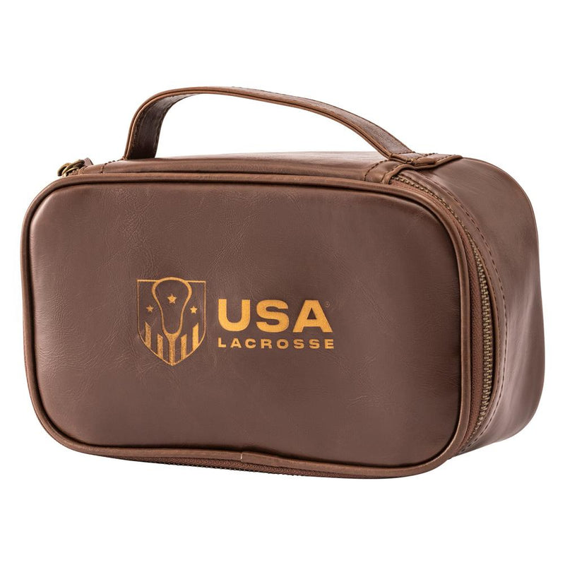Brown leather toiletry bag with USA Lacrosse logo.