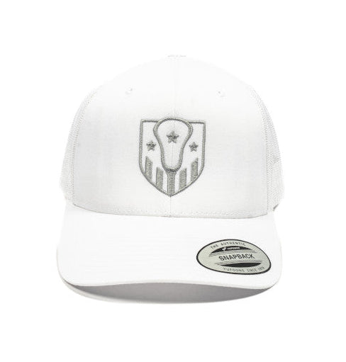 White trucker hat with a tonal gray embroidered USA Lacrosse shield