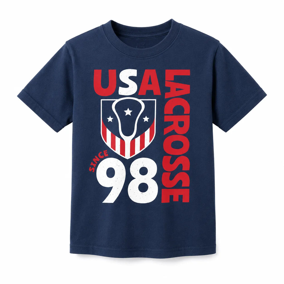Navy tee with vertical red USA Lacrosse lettering, a stars-and-stripes shield and 'Since 98' in white