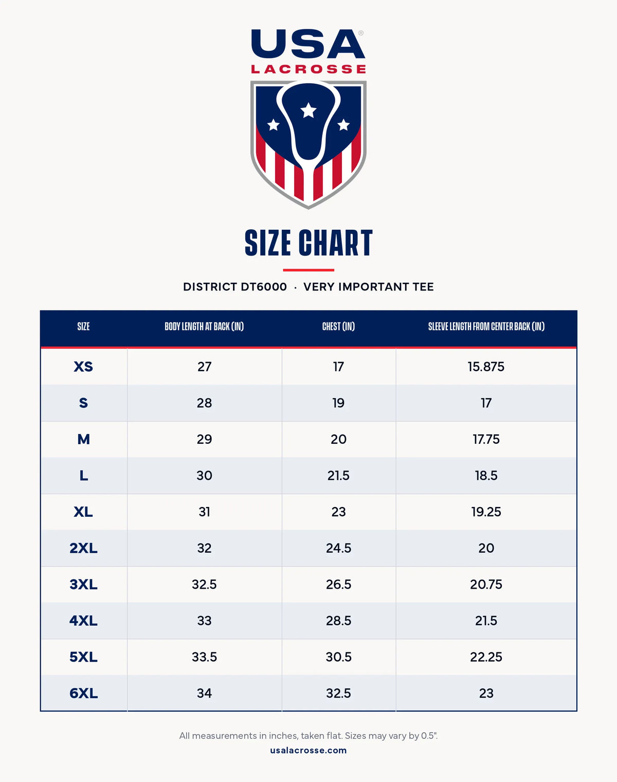 Size chart for the District DT6000 tee with body length, chest and sleeve in inches