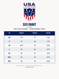 Size chart for the Next Level Apparel unisex ringer T-shirt with width, length and sleeve in inches