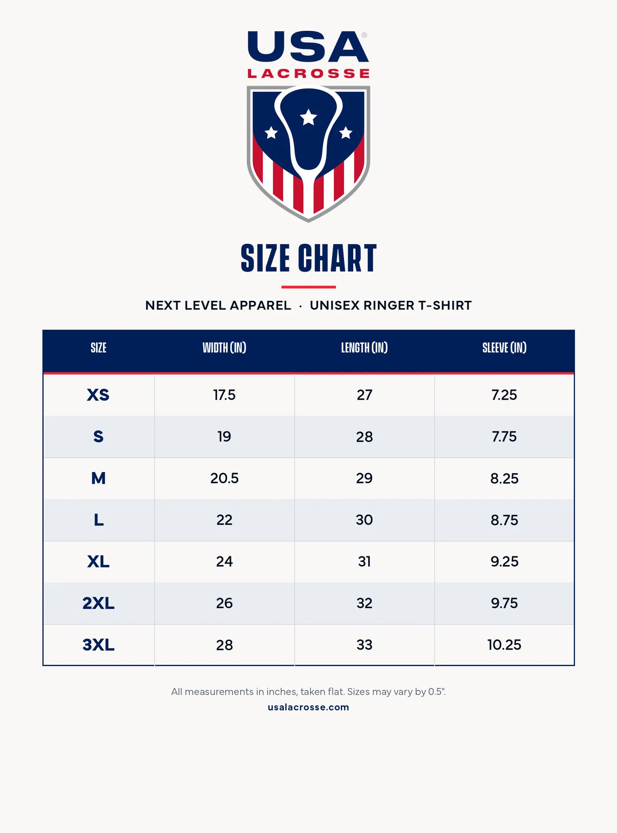 Size chart for the Next Level Apparel unisex ringer T-shirt with width, length and sleeve in inches
