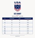 Size chart for the Port & Co. PC147 tie-dye tee with body length, chest and sleeve in inches