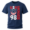 Front view of the navy USA Lacrosse 98 Remix tee with the red, white and blue shield graphic