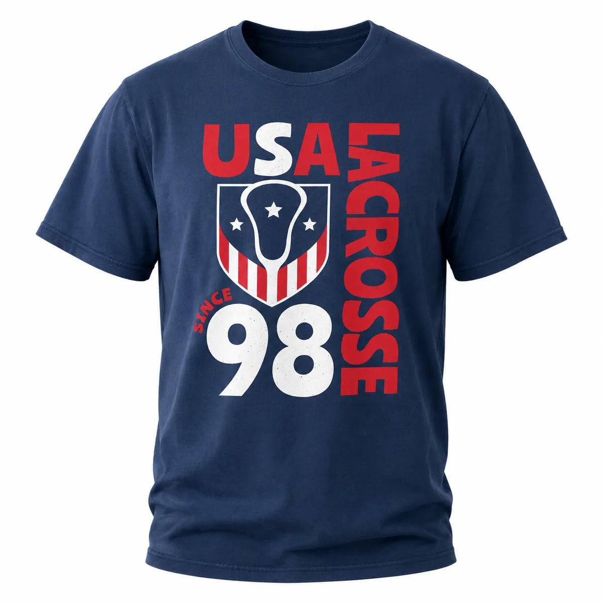 Front view of the navy USA Lacrosse 98 Remix tee with the red, white and blue shield graphic