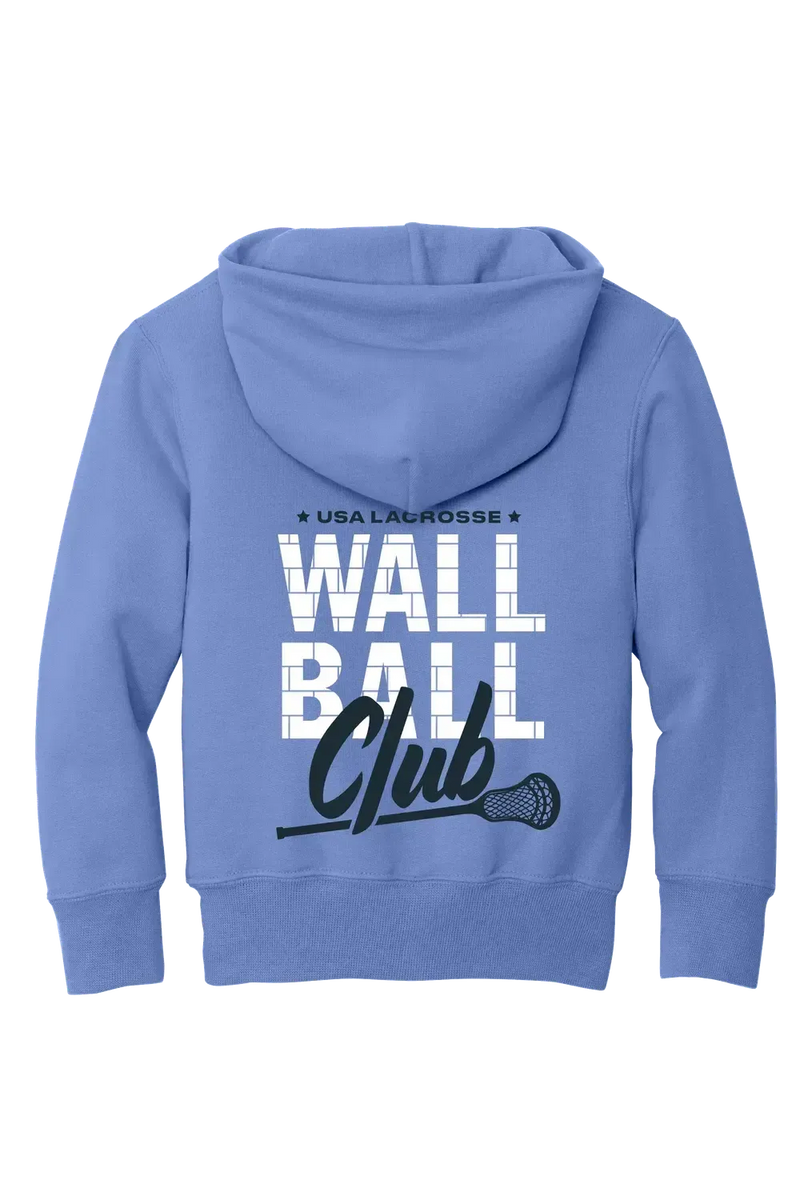 Back of a light blue hoodie with a USA Lacrosse Wall Ball Club graphic