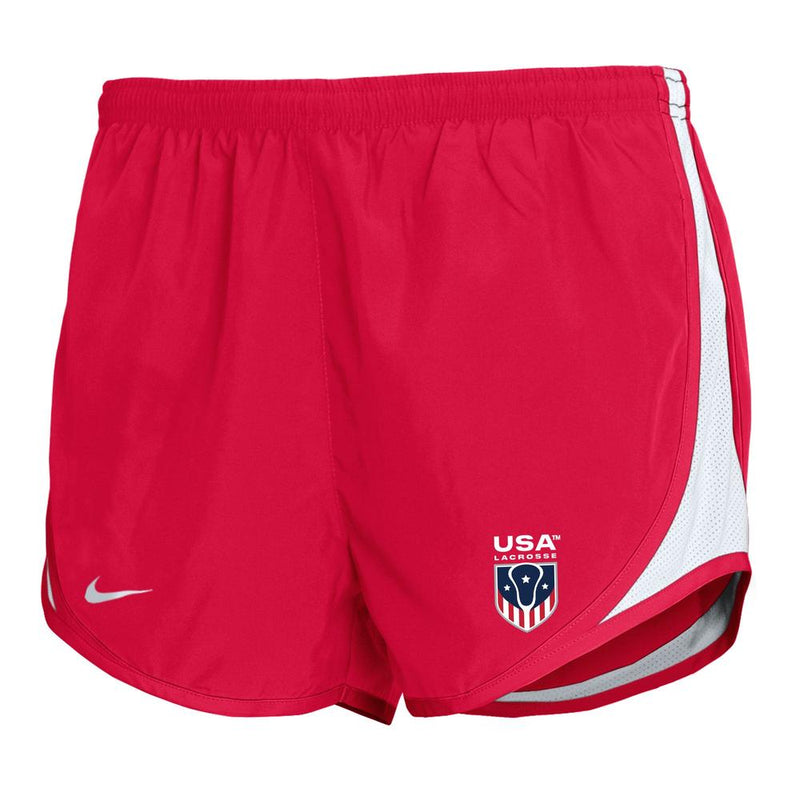 Red athletic shorts with USA Lacrosse logo and white side stripes.